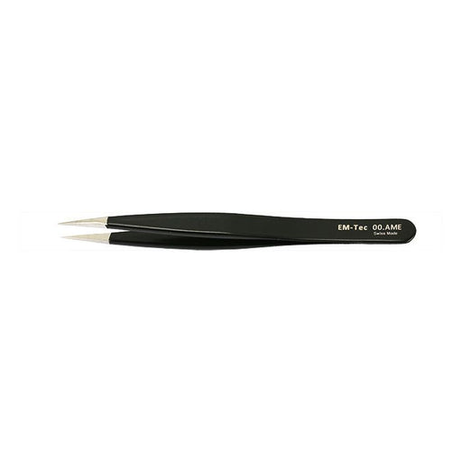EM-Tec 00.AME ESD safe epoxy coated precision electronic tweezers, style 00, strong, thick tips, anti-magnetic stainless steel