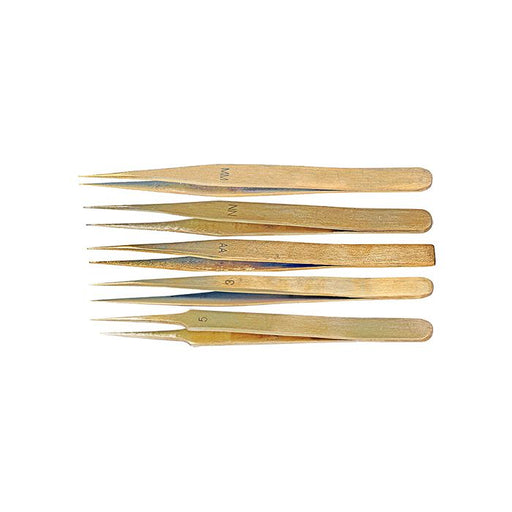 Value-Tec B5 set of 5 general purpose brass tweezers, includes style 3, 5, AA, MM and NN in a plastic pouch