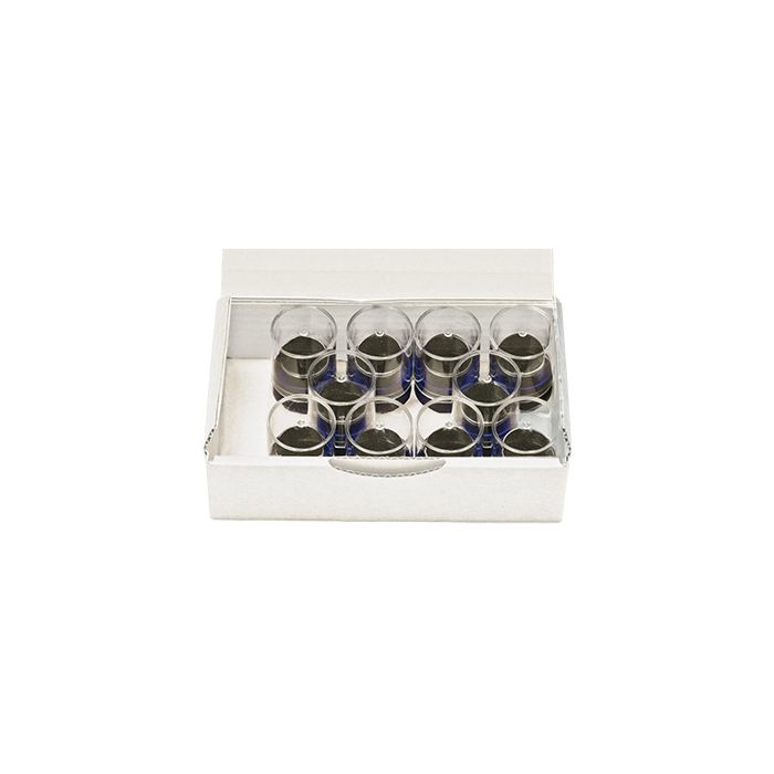 EM-Tec FS25 box with 10 x ш25.4mm pin stubs plus ш25mm high purity conductive tabs in SB3 storage tubes