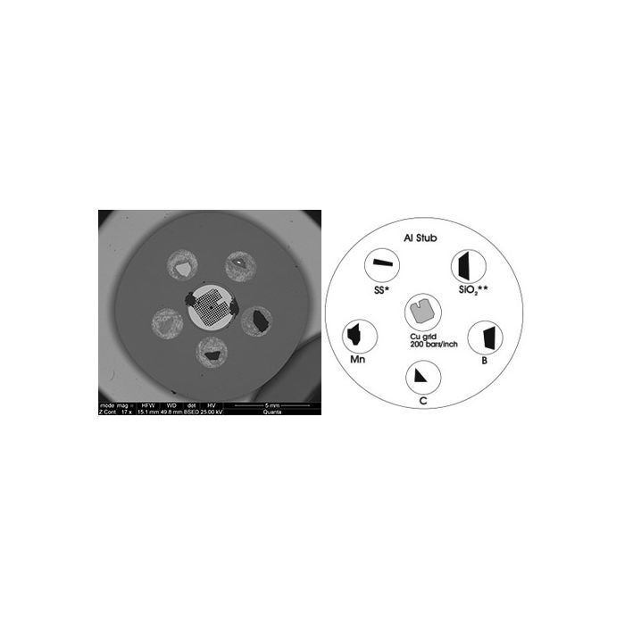 EM-Tec CXS-5C light element and EDS calibration standard, 5 materials plus 200M TEM grid on pin stub