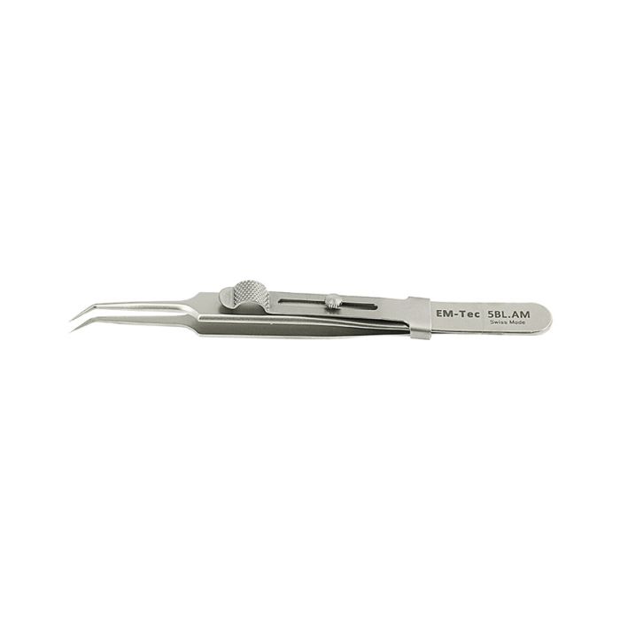 EM-Tec 5B.AM high precision locking tweezers, style 5B, extra fine bent tips, anti-magnetic stainless steel