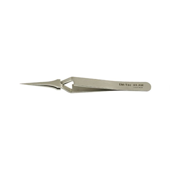 EM-Tec 4X.AM high precision reverse tweezers, style 4, very fine sharp tips, anti-magnetic stainless steel