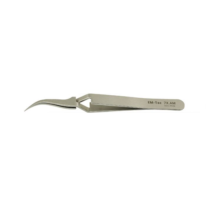 EM-Tec 7X.AM high precision reverse tweezers, style 7, very fine curved tips, anti-magnetic stainless steel