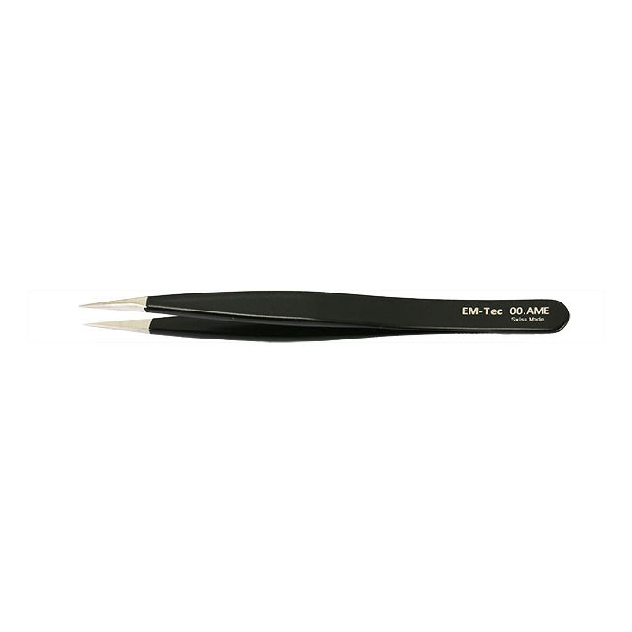 EM-Tec 00.AME ESD safe epoxy coated precision electronic tweezers, style 00, strong, thick tips, anti-magnetic stainless steel