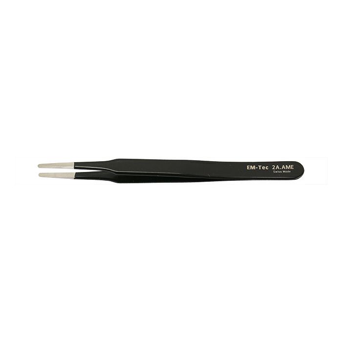 EM-Tec 2A.AME ESD safe epoxy coated precision electronic tweezers, style 2A, flat accurate round tips, anti-magnetic stainless steel