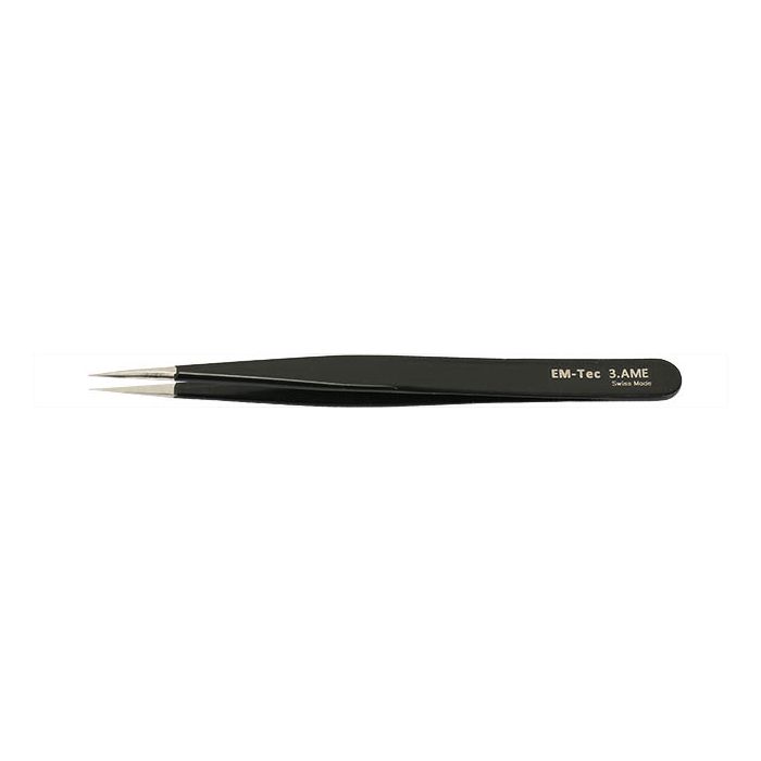 EM-Tec 3.AME ESD safe epoxy coated precision electronic tweezers, style 3,  very sharp fine tips, anti-magnetic stainless steel