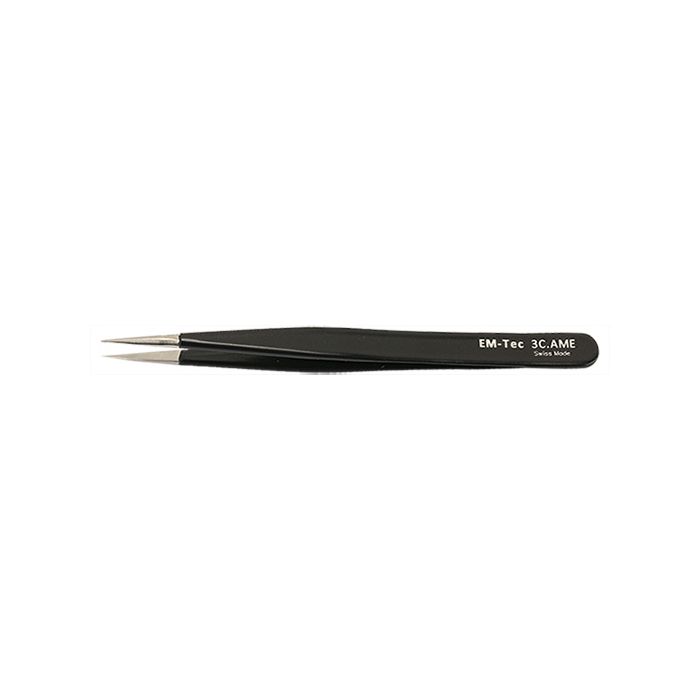 EM-Tec 3C.AME ESD safe epoxy coated precision electronic tweezers, style 3C, short, very sharp fine tips, anti-magnetic stainless steel