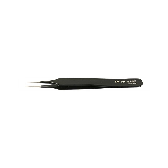 EM-Tec 4.AME ESD safe epoxy coated precision electronic tweezers, style 4, extra fine sharp tips, anti-magnetic stainless steel