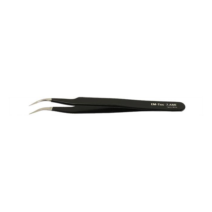 EM-Tec 7.AME ESD safe epoxy coated precision electronic tweezers, style 7, very fine curved tips, anti-magnetic stainless steel