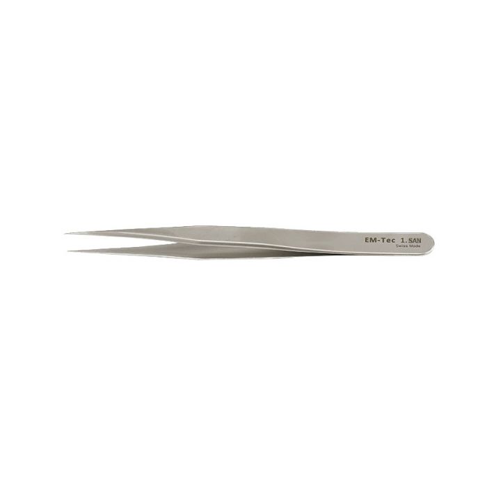 EM-Tec 1.SAN high precision super alloy tweezers, style 1, strong fine tips, fully non-magnetic