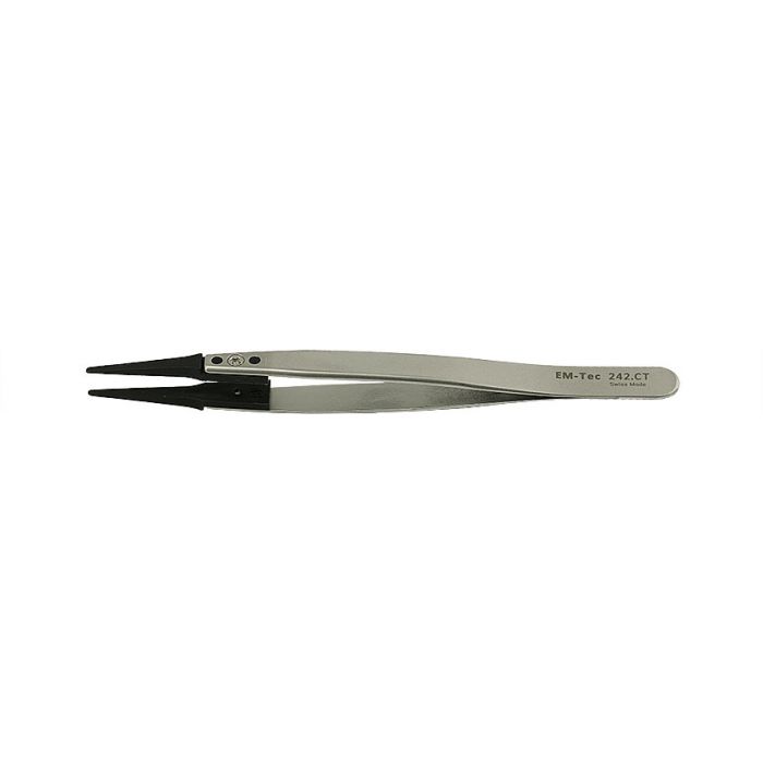 EM-Tec 242.CT ESD safe carbon fiber replaceable tip tweezers, flat narrow tips