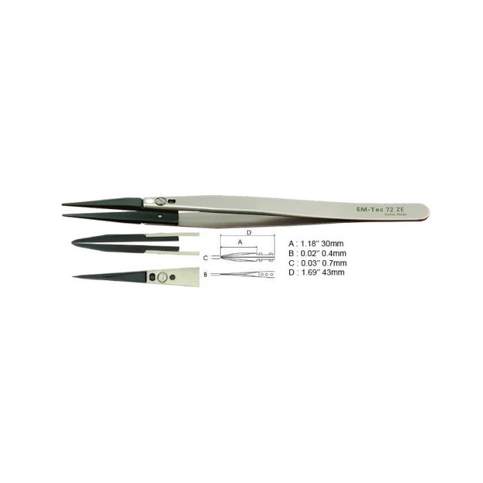 EM-Tec 72.ZE ESD safe ceramic replaceable tips tweezers, pointed strong tips